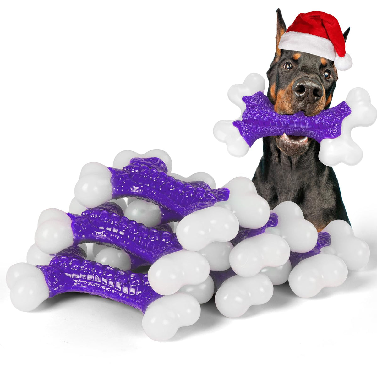 Kseroo six-pack tough dog chew toys bacon bone showing durable bite resistance for aggressive chewers
