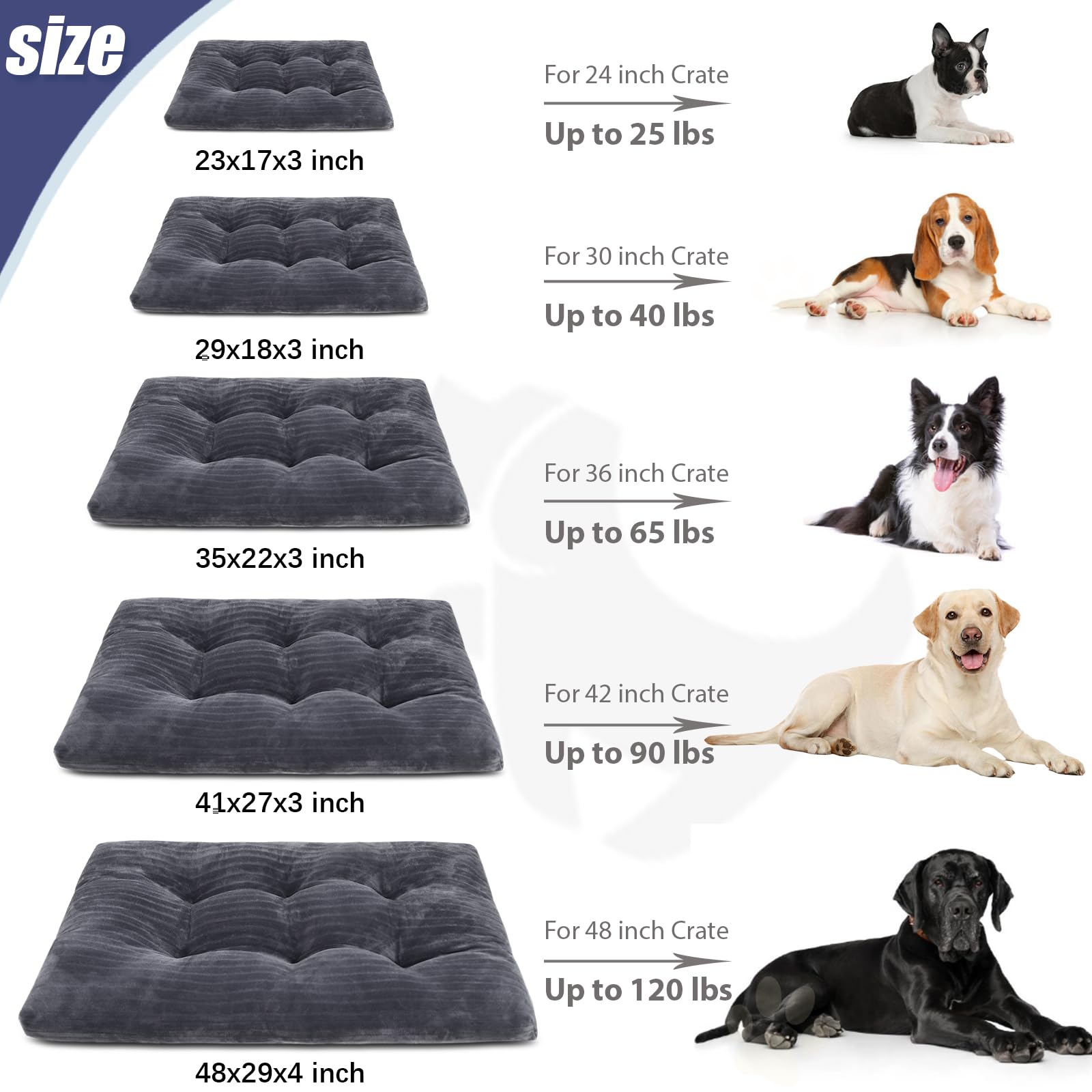 KSIIA dog crate bed measures 48x29 inches to fit spacious kennels