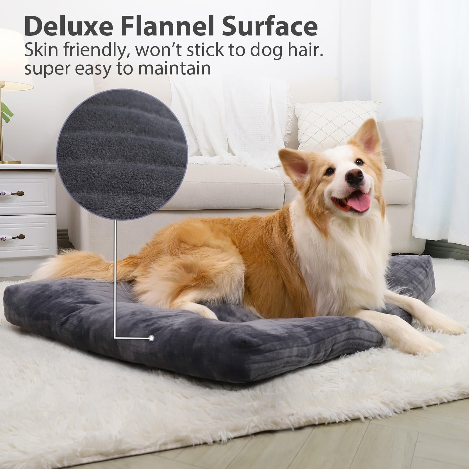 KSIIIA dog crate bed side view shows anti-slip bottom keeping it secure