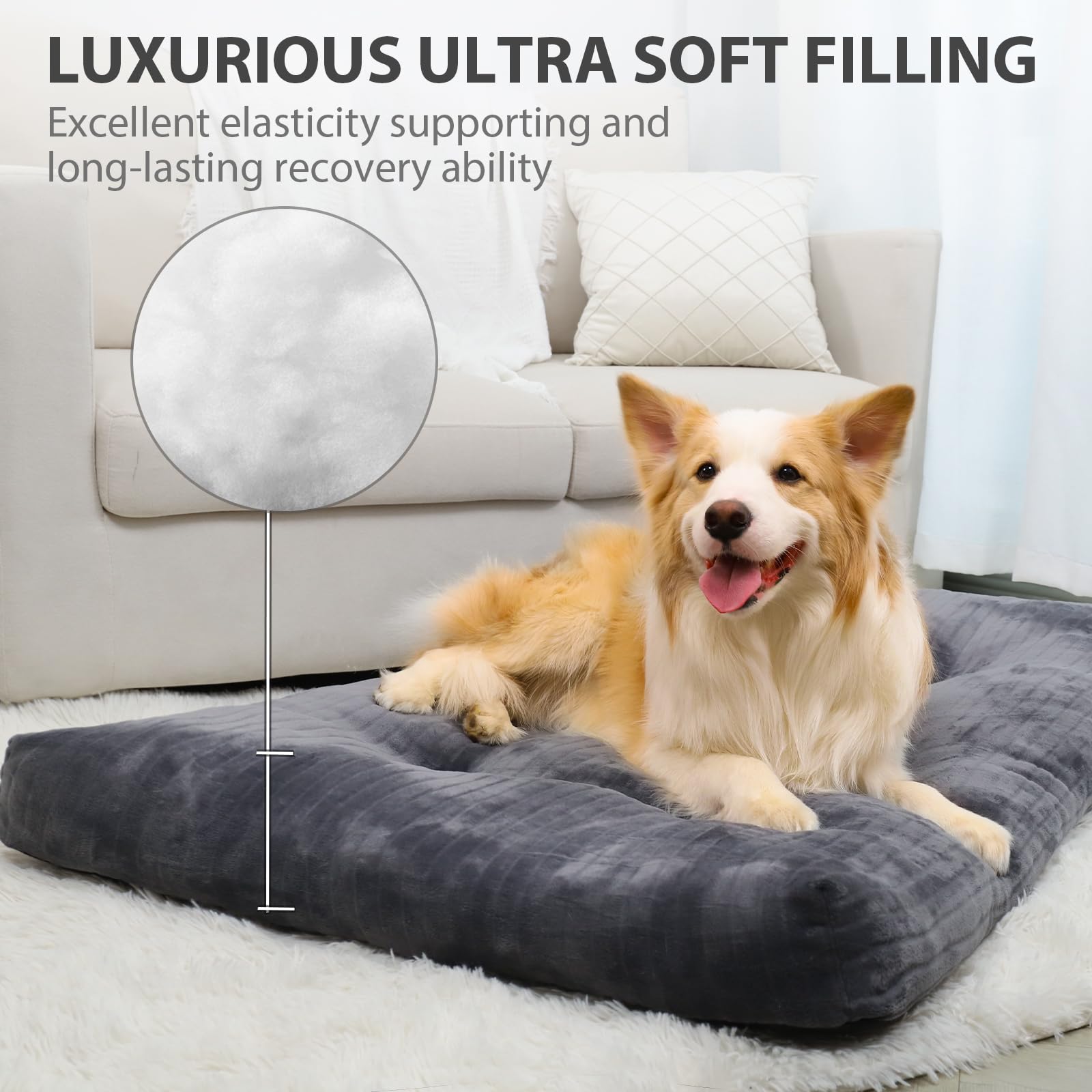 KSIIIA dog crate bed top view emphasizes thick fluffy surface for calm naps