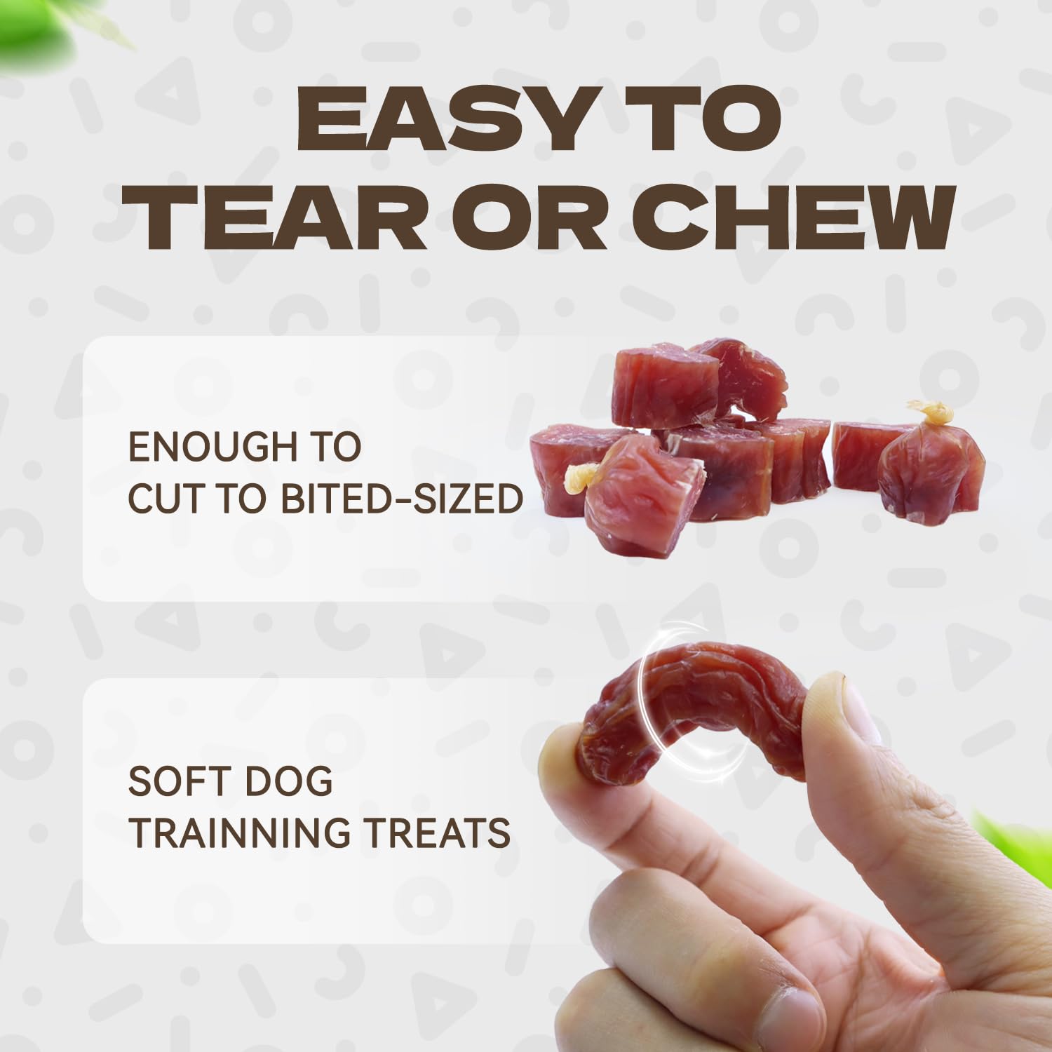 KUADELRO duck jerky soft treats closeup highlighting pill-friendly use.