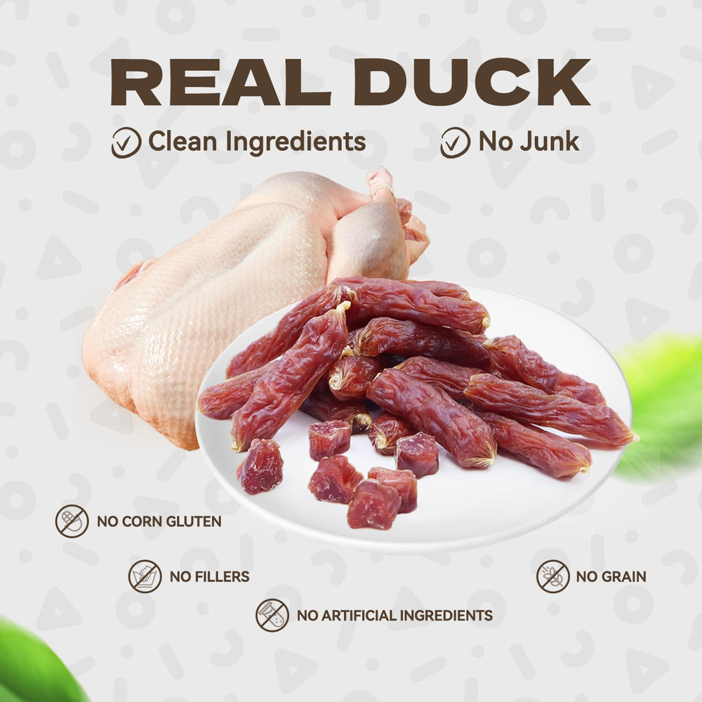KUADELRO duck sausage treats closeup showing soft texture and chewability.
