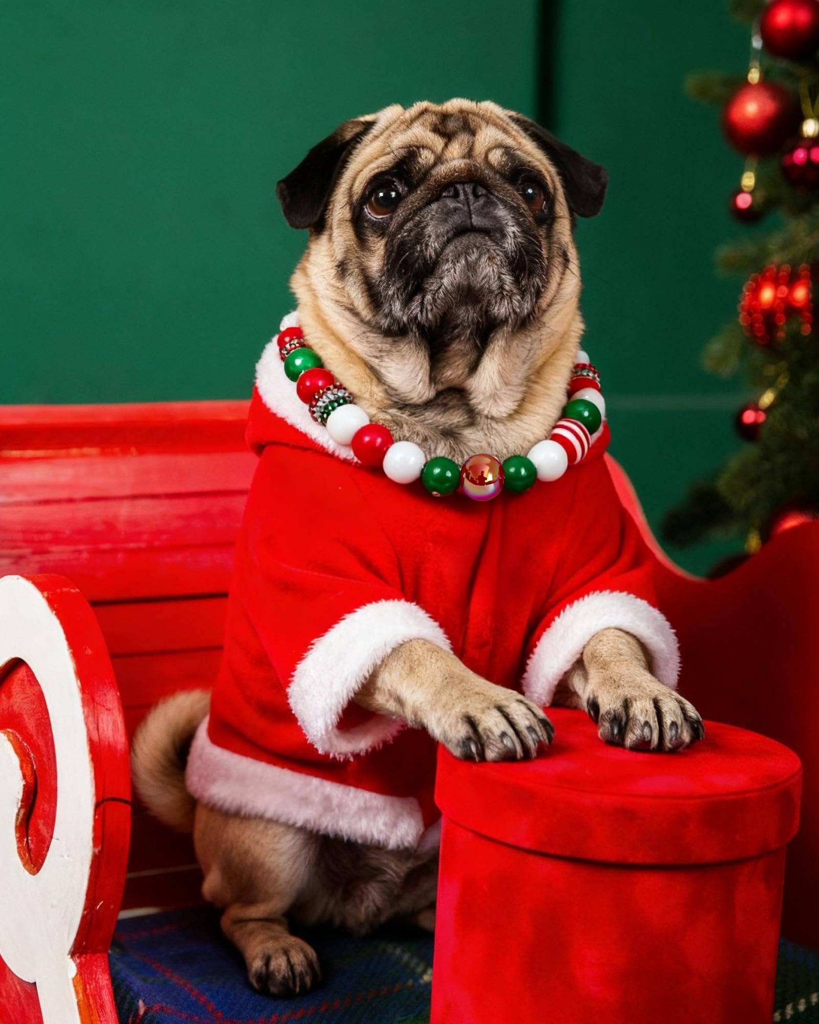 KUDES Christmas Bubblegum dog collar with red-green beads and rhinestones for festive, photo-ready looks.