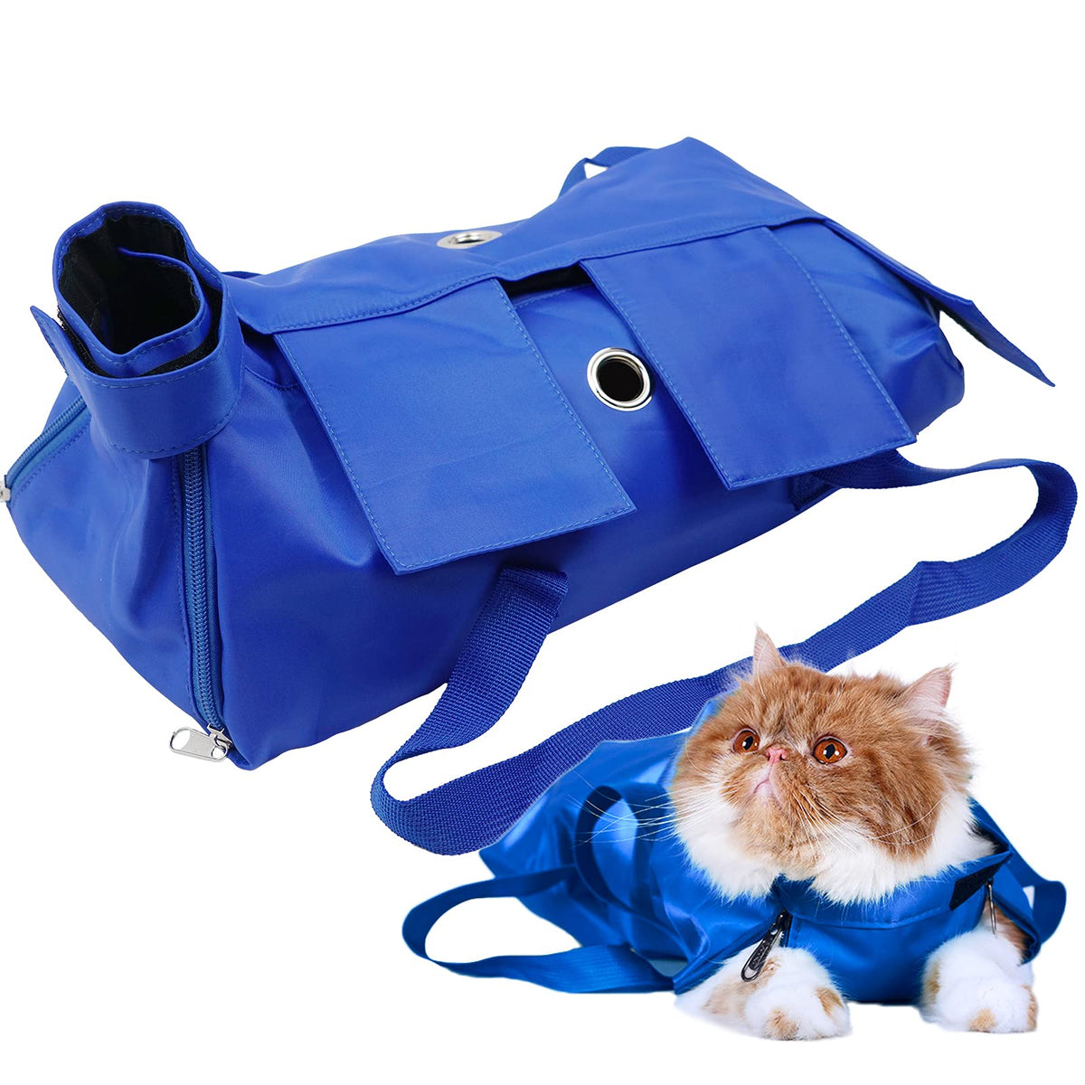 Kukaster Pet Cat Restraint Bag blue front view for safe nail trimming and grooming sessions