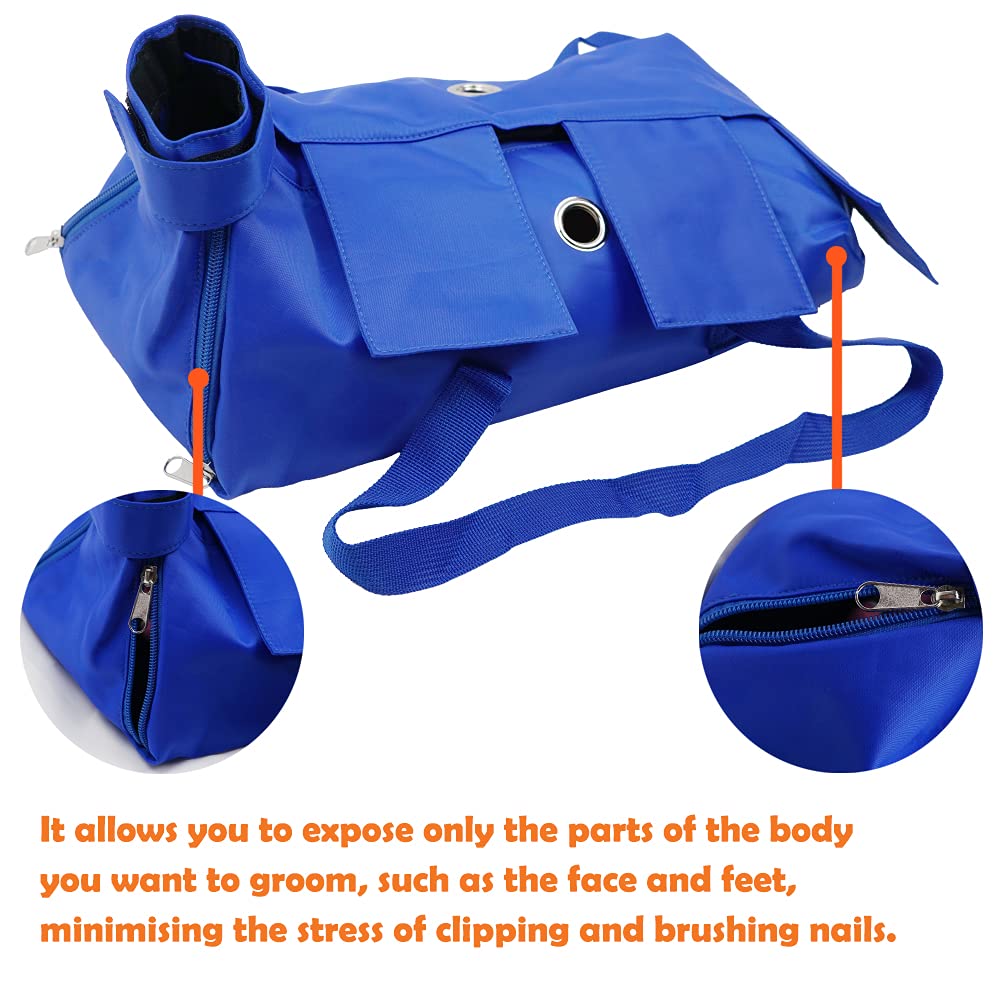 Kukaster Pet Cat Restraint Bag blue zipper closure focusing on secure four-leg immobilization for safety