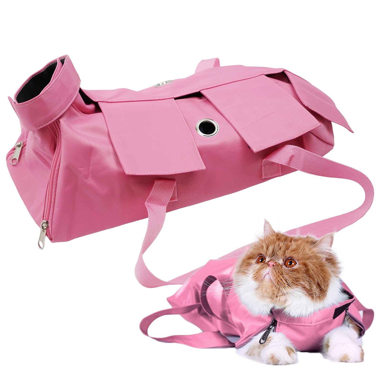 Kukaster Pet Cat Restraint Bag pink ready for nail trimming and grooming, reducing scratches