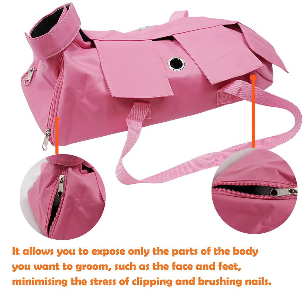 Kukaster Pet cat restraint bag pink-m features adjustable strap for secure grooming sessions.