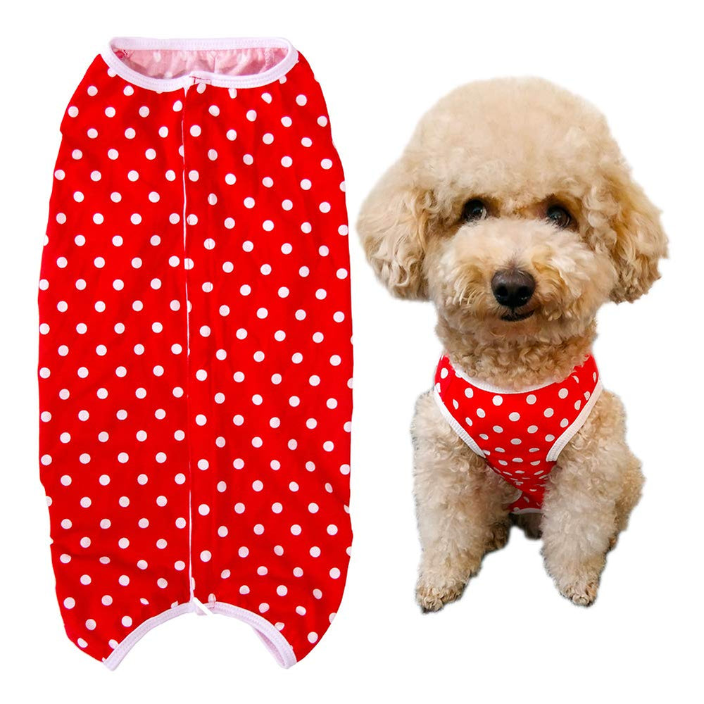 Kukaster Pet recovery suit front view in red spot XL offers gentle wound protection and comfort.