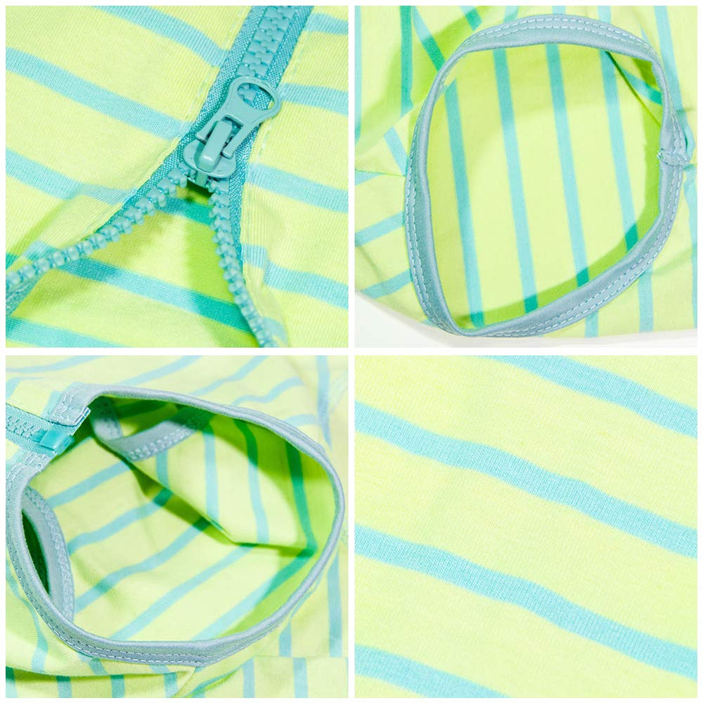 Kukaster Pet dog recovery suit green stripe back view offers full coverage without restricting movement.