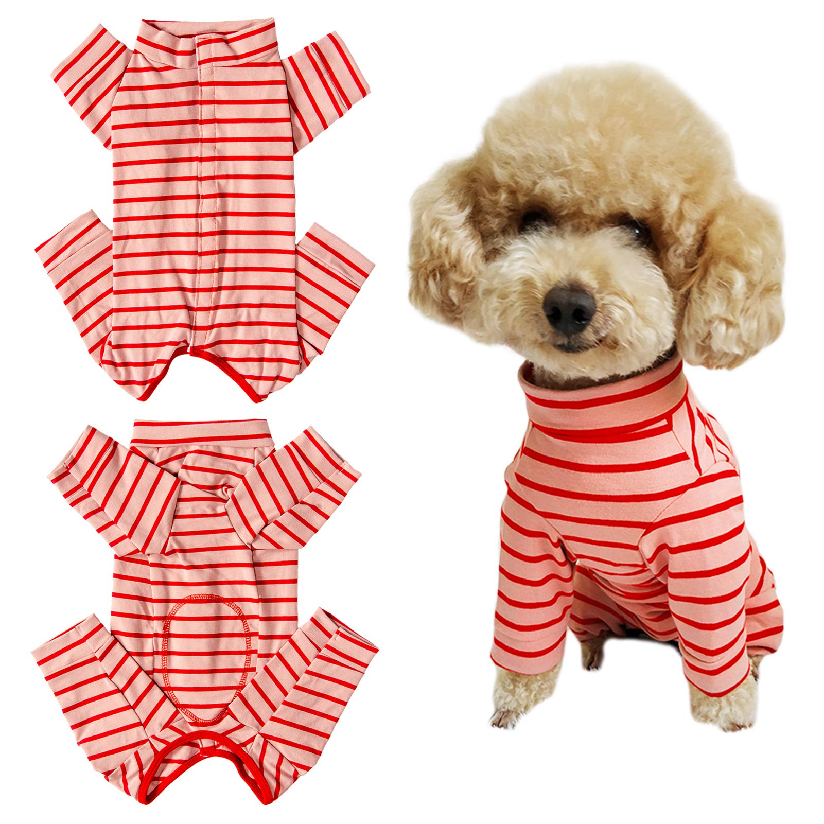 Kukaster Pet dog recovery suit red-pink stripe XXS with back snaps for easy wear and wound protection.