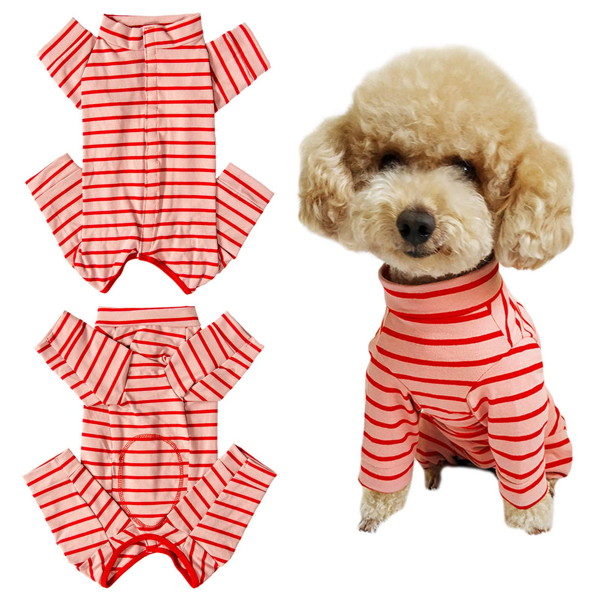 Kukaster Pet dog recovery suit red-pink stripe XXS with back snaps for easy wear and wound protection.