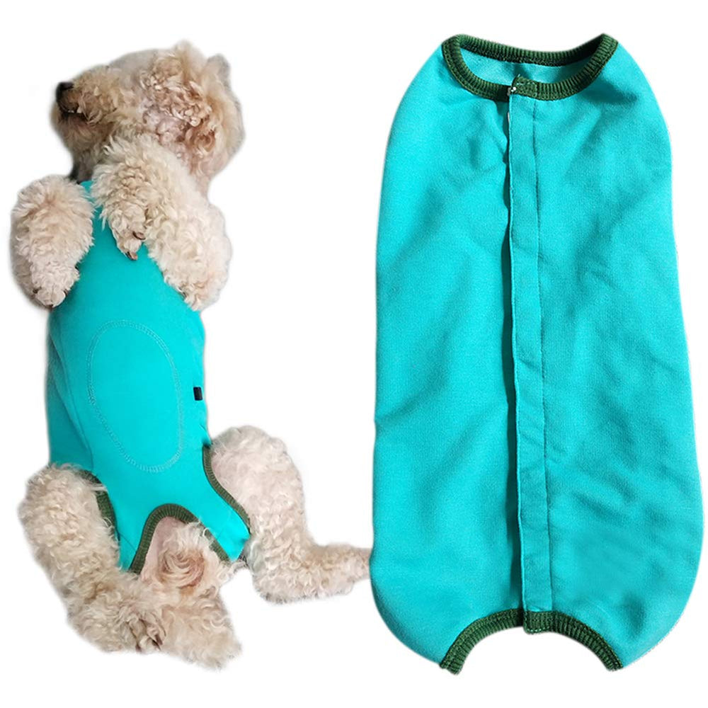 Kukaster Pet recovery suit on blue puppy, front view, protective post-surgery wear