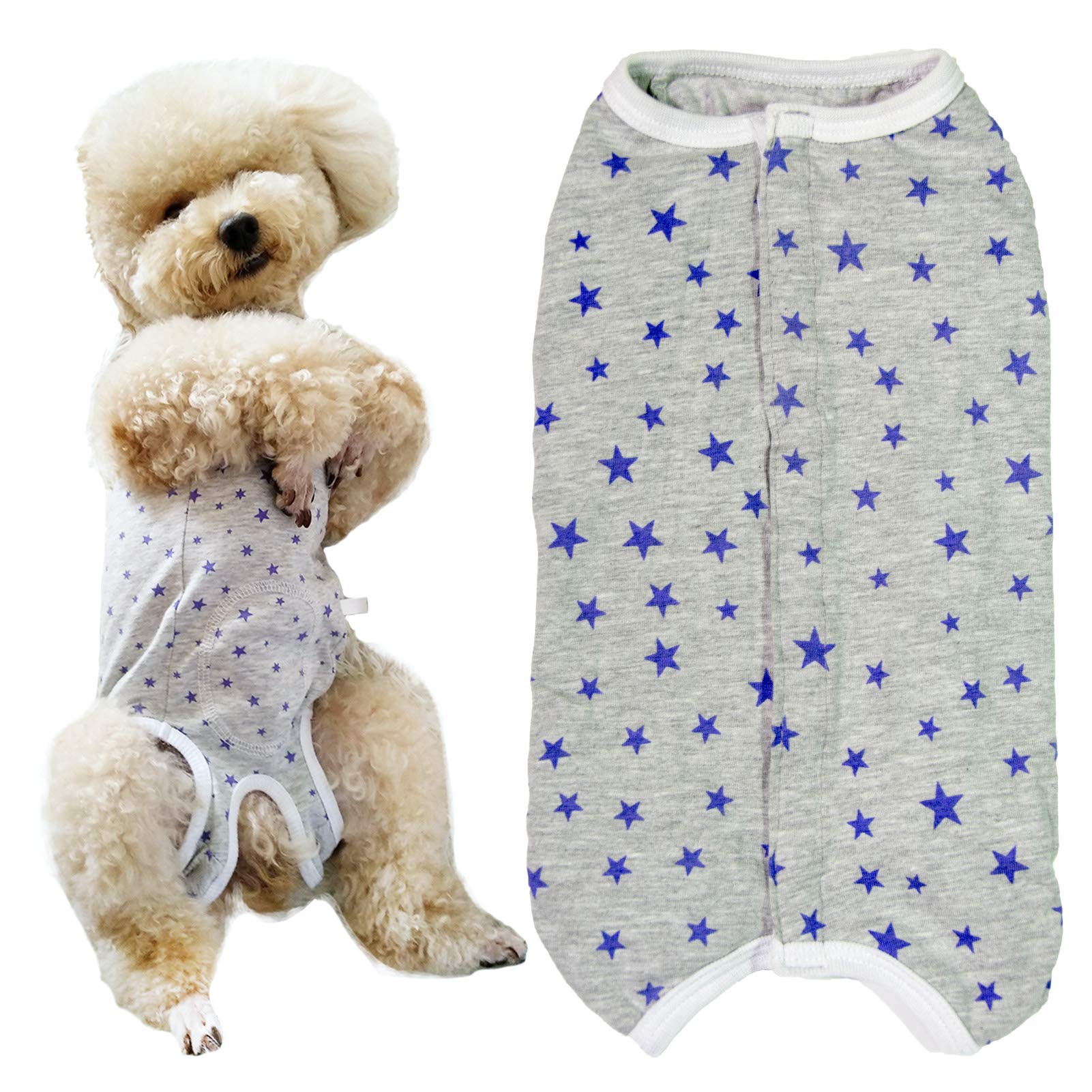 Kukaster Pet Recovery Suit Grey Stars XL back view protects wounds and supports comfort.