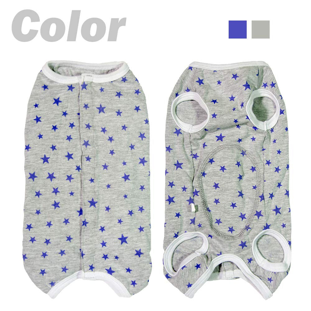 Kukaster Pet Recovery Suit Grey Stars XL belly cutout provides pee access for male dogs.