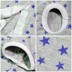 Kukaster Pet Recovery Suit Grey Stars XL snap-buttons enable easy on-off.