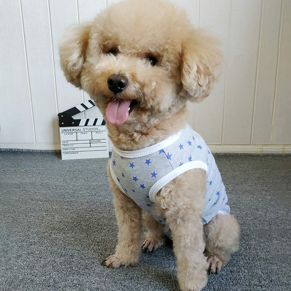 Kukaster Pet Recovery Suit Grey Stars XL stretchy fit for comfortable movement.