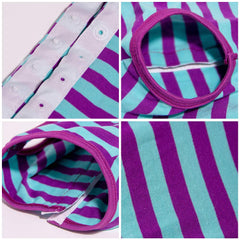 Kukaster Pet Recovery Suit back view in purple-blue stripe emphasizes secure fit