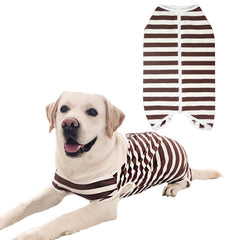 Kukaster Pet recovery suit close-up in brown-white with soft breathable fabric for comfort.