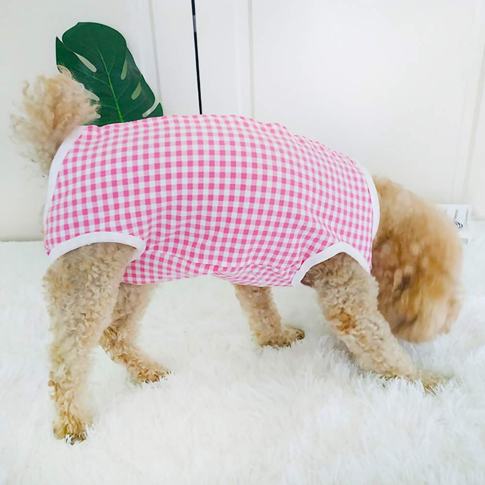 Kukaster Pet recovery suit pink plaid pattern adds gentle style for post-op wear.