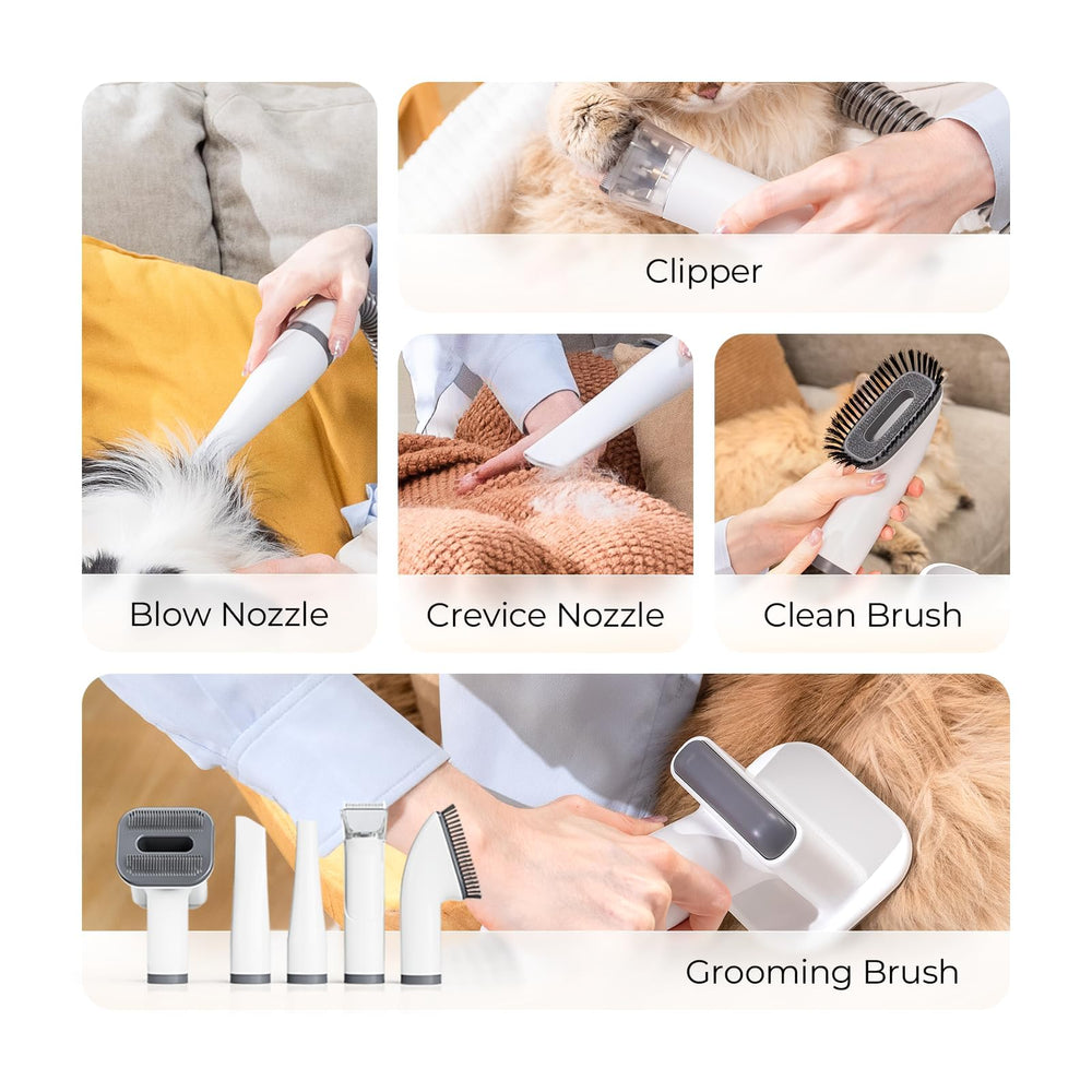 KungFuPet dog grooming vacuum-dryer attachments compartment shows integrated tools and easy cleanup.