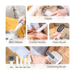 KungFuPet dog grooming vacuum-dryer attachments compartment shows integrated tools and easy cleanup.