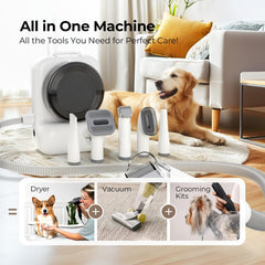 KungFuPet dog grooming vacuum-dryer canister assembly shows 3L collection and organized storage.