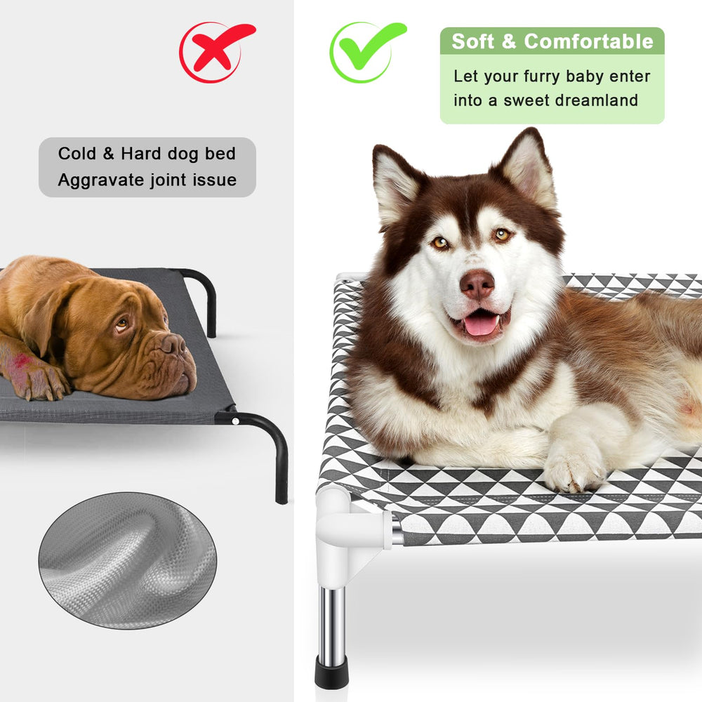 Kuntrust elevated outdoor dog bed side angle highlighting durable fabric