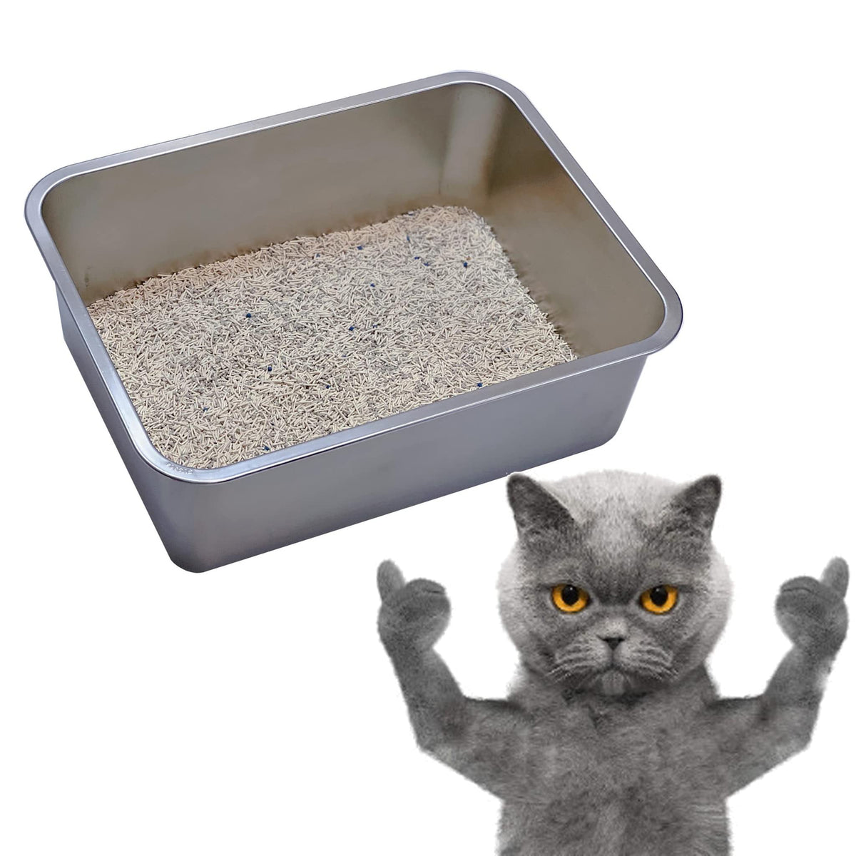 KUNWU stainless steel pet litter box front view shows sturdy construction with a bright finish