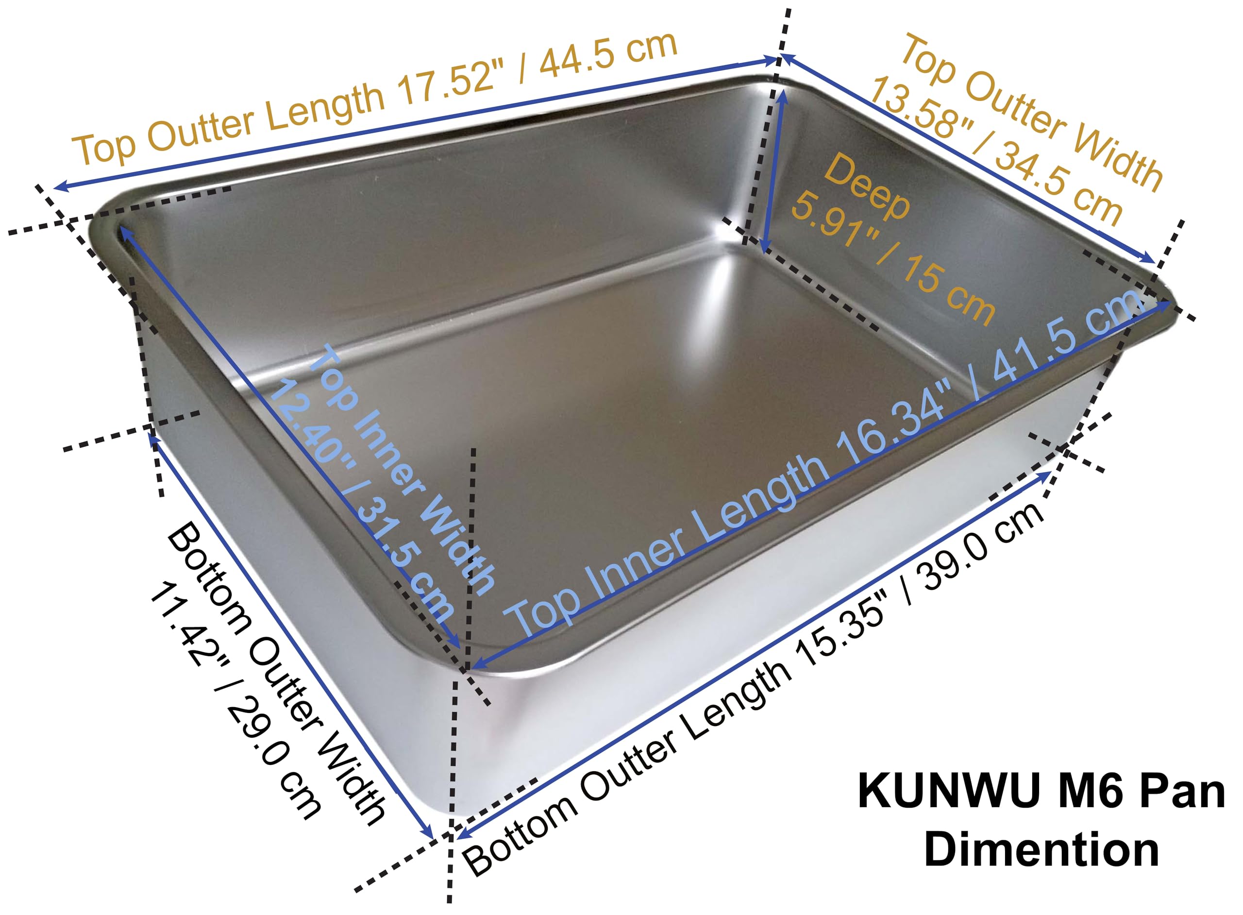 KUNWU stainless steel pet litter box top view displays 18x14 inch footprint