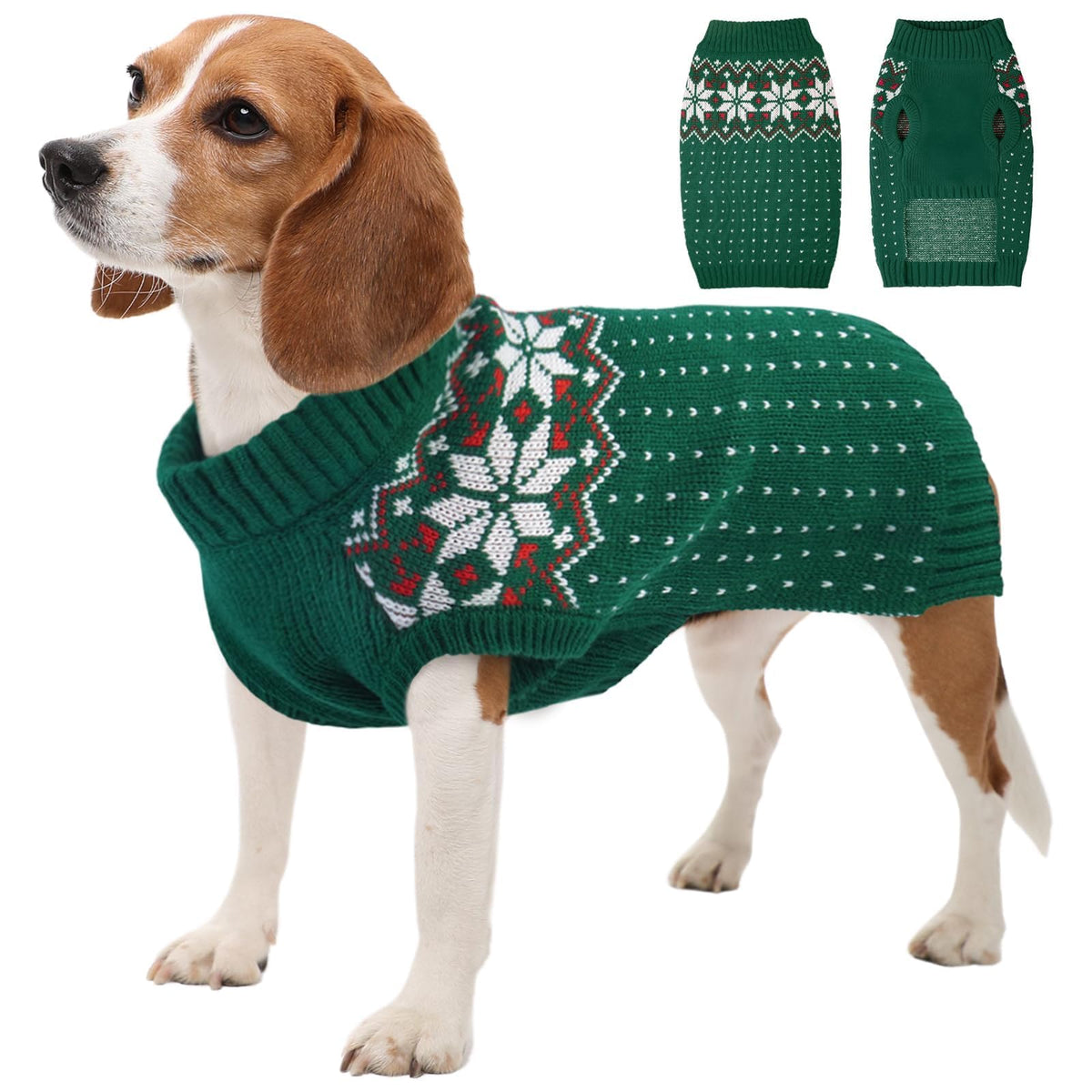 Kuoser dog Christmas sweater front view shows cozy snowflake knit for chilly walks.