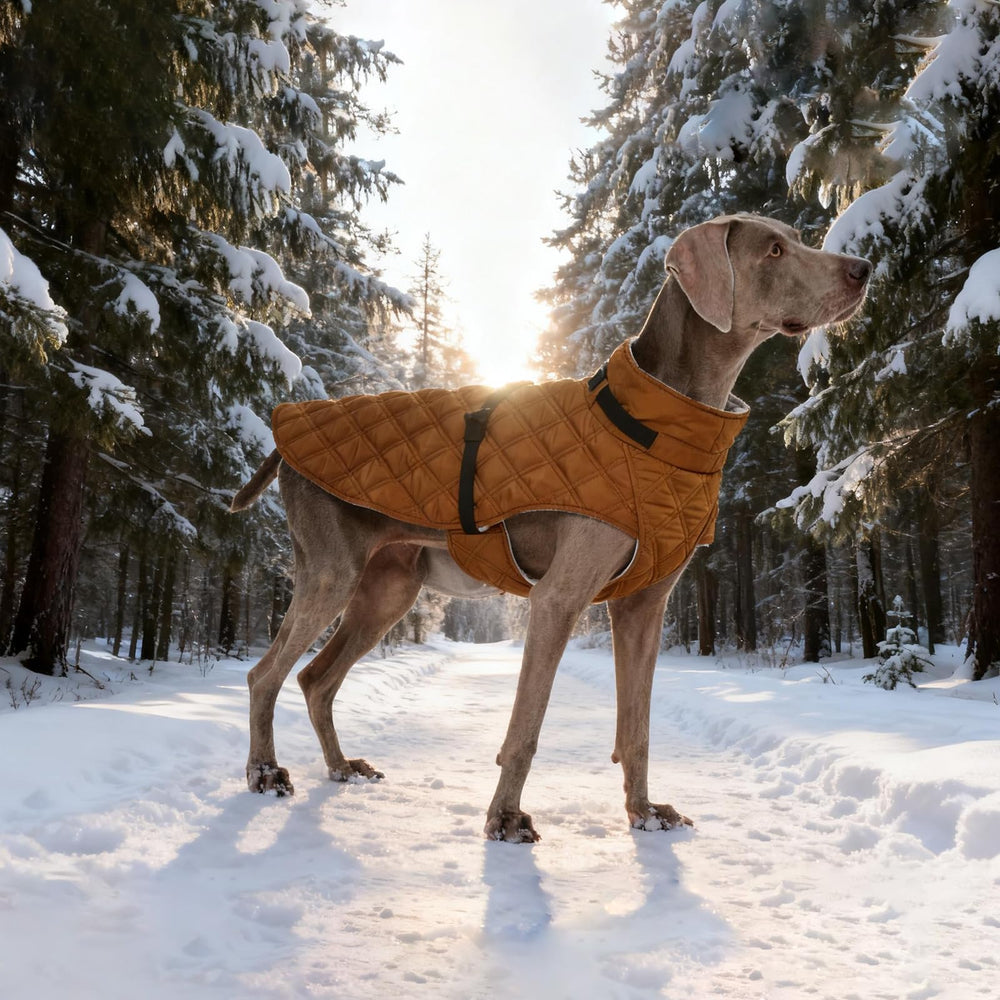 Kuoser dog coat worn during snowy walk highlights dry warmth
