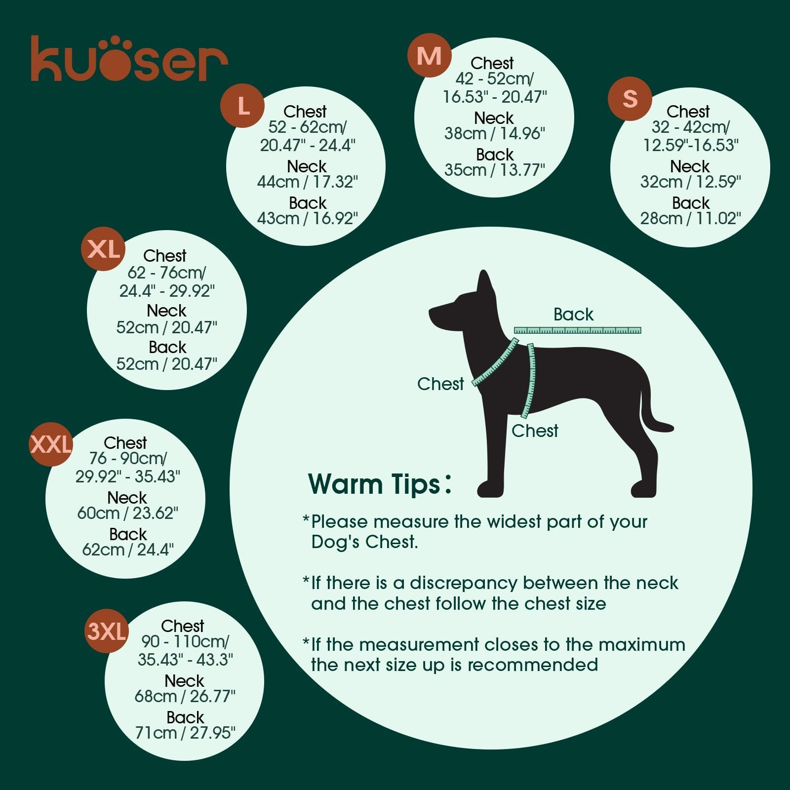 Kuoser dog coat with zipper for easy harness attachment during walks.