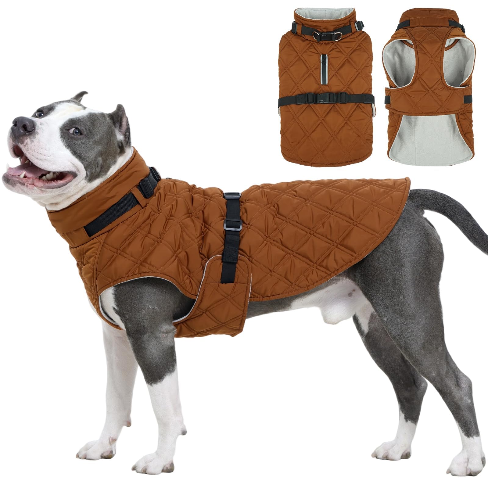Kuoser dog coat front view shows warm fleece lining for chilly walks.