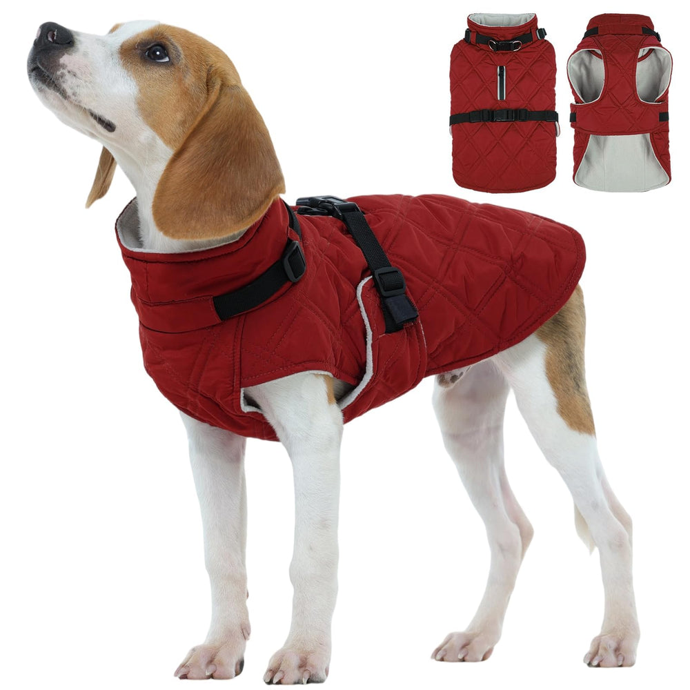 Kuoser dog coat front view with built-in harness for easy walks.