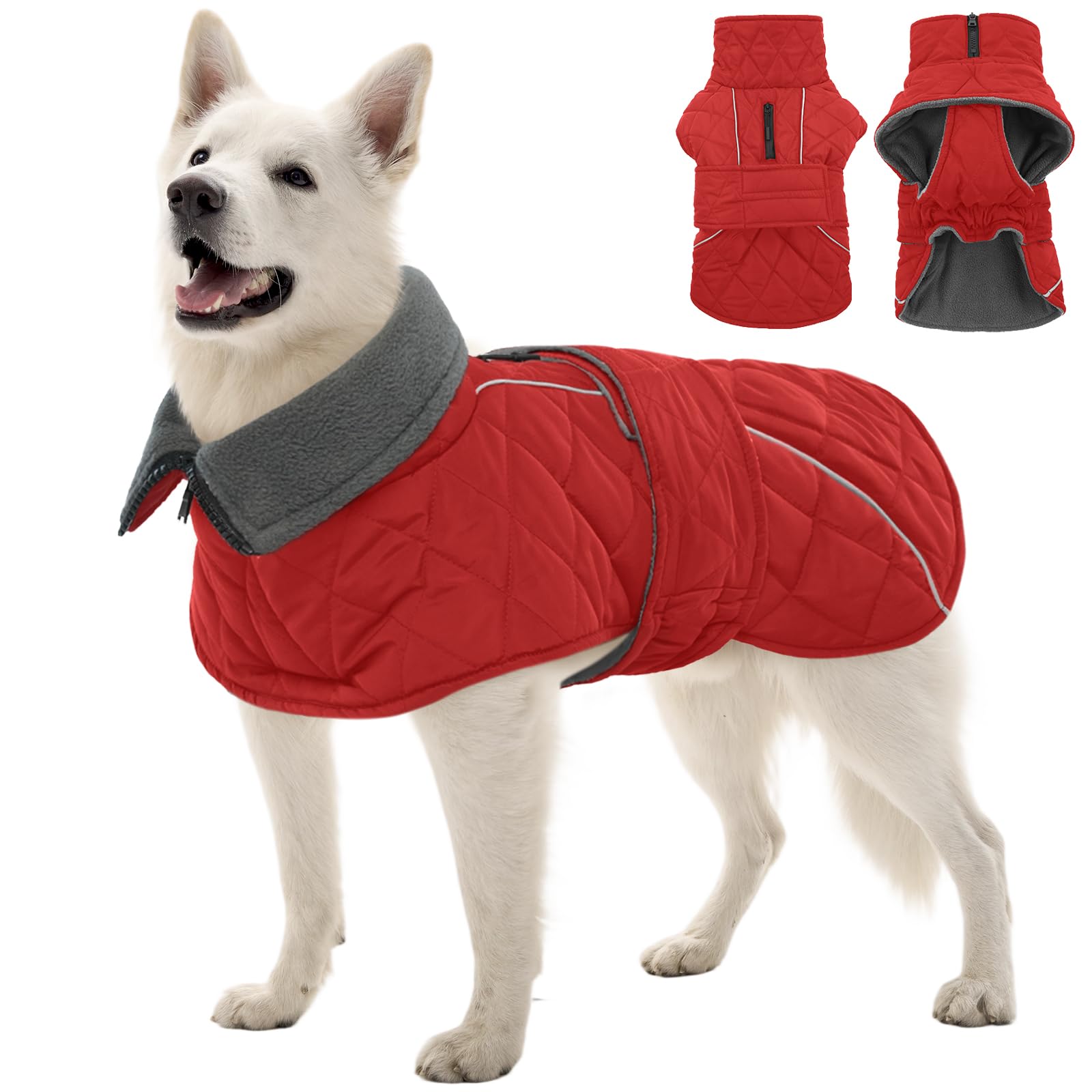 Kuoser dog coat windproof red 2XL front view highlighting secure fit and warmth on walks.
