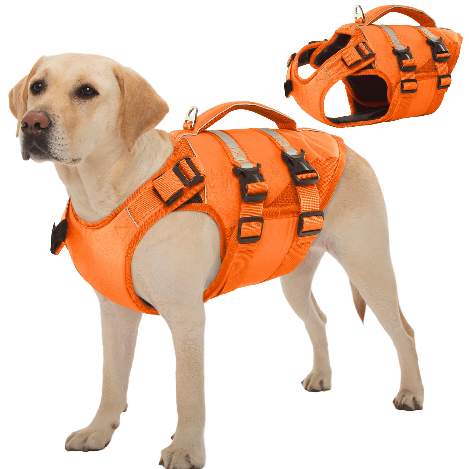 Kuoser Dog Life Jacket highlights high flotation foam for buoyant support during swims.