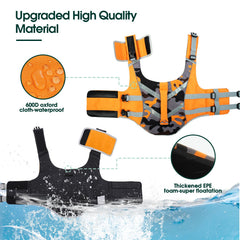 Kuoser dog life jacket orange-camo back view highlights secure design and flotation