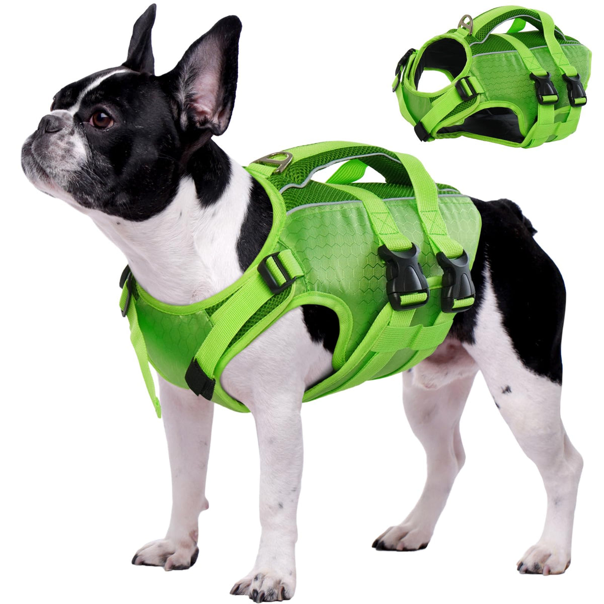 Kuoser dog life vest top view for secure fit during swimming and safety.