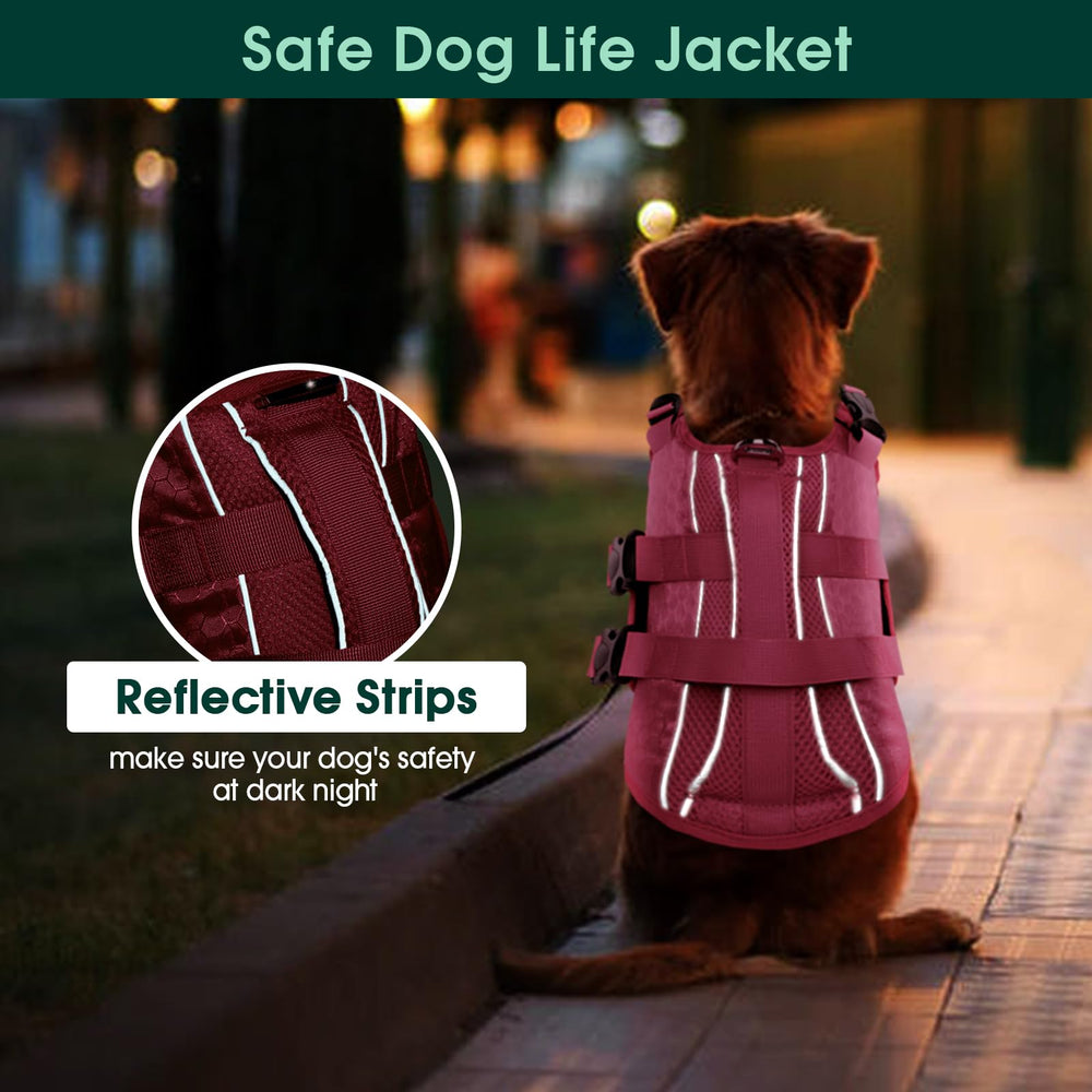 Kuoser dog lifejacket neck and belly closures for easy on-off