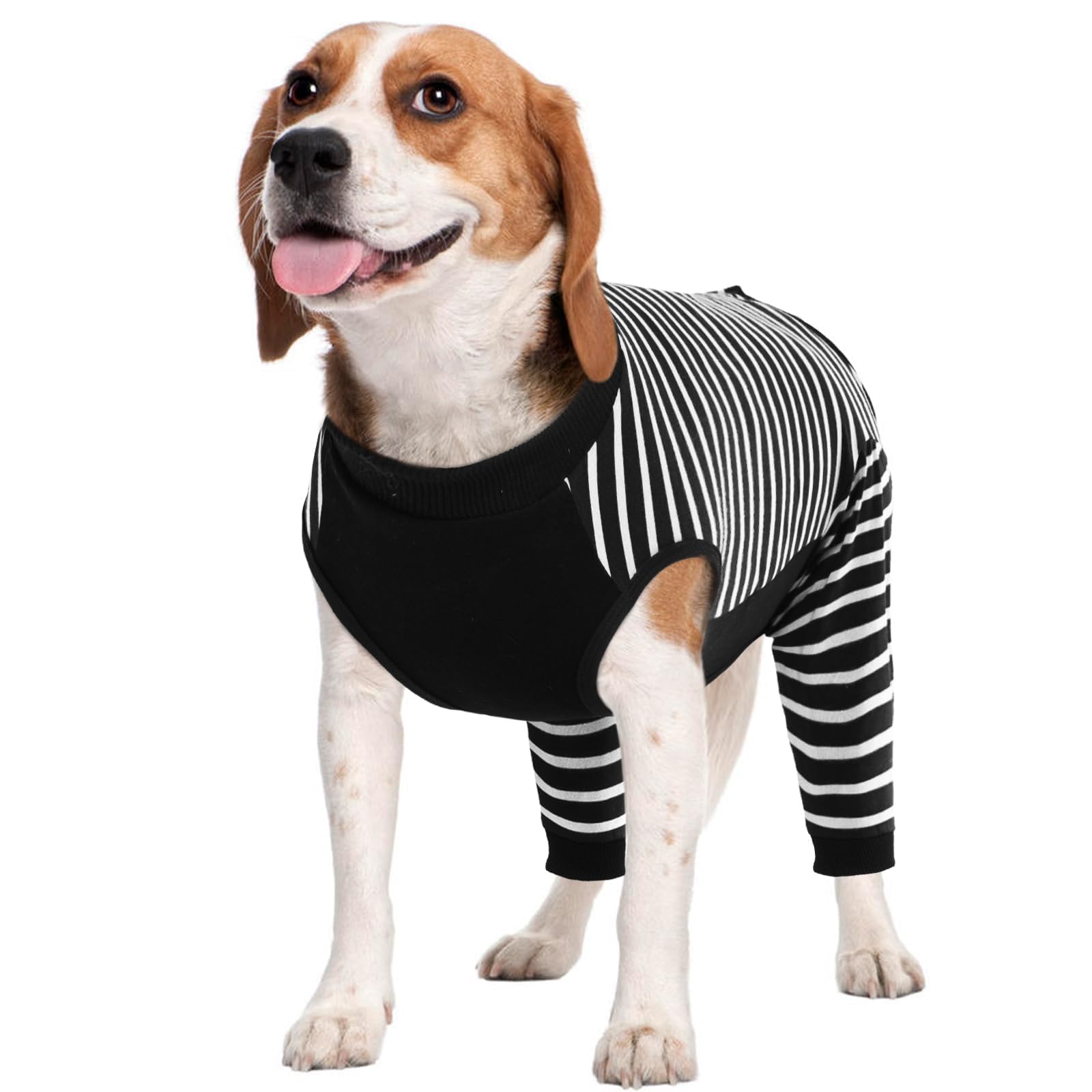 Kuoser dog recovery suit back leg sleeve front view showing full coverage and soft fabric for comfort