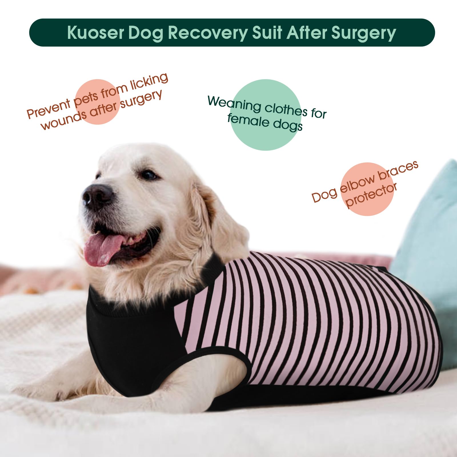 Kuoser dog recovery suit pink 4XL soft fabric close-up emphasizes snug, easy-to-wear fit.