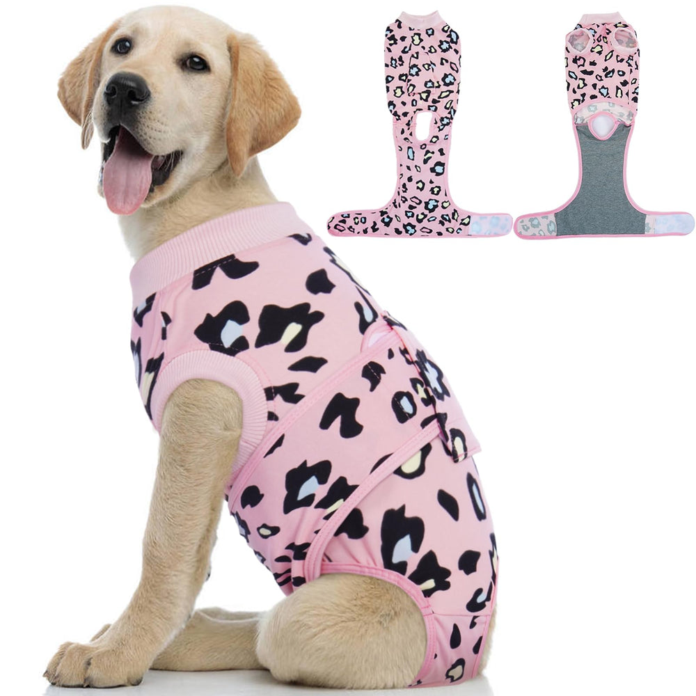 Kuoser dog recovery suit pink leopard closeup highlights soft breathable fabric for healing comfort.