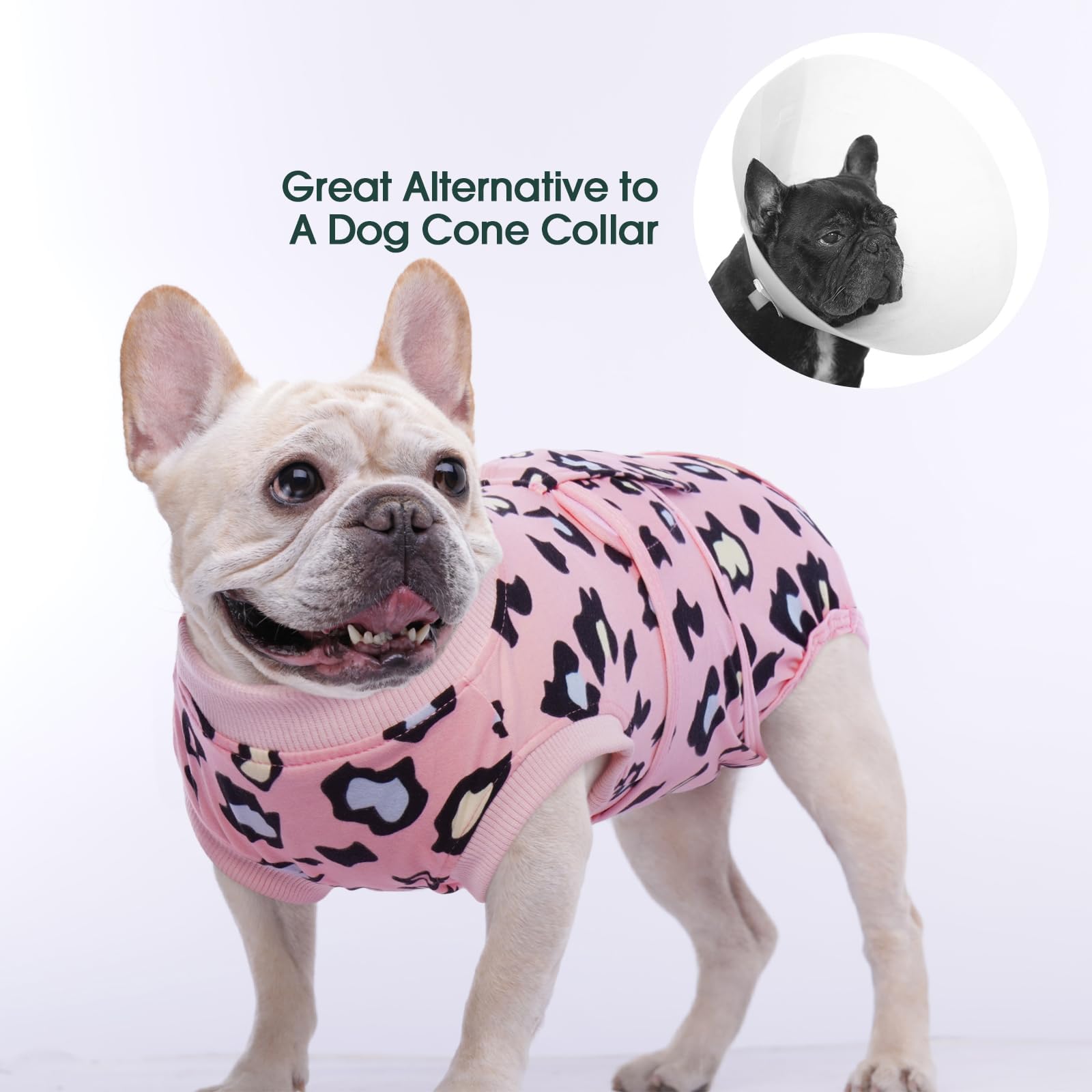 Kuoser dog recovery suit pink leopard full-body fit supports post-surgery comfort.