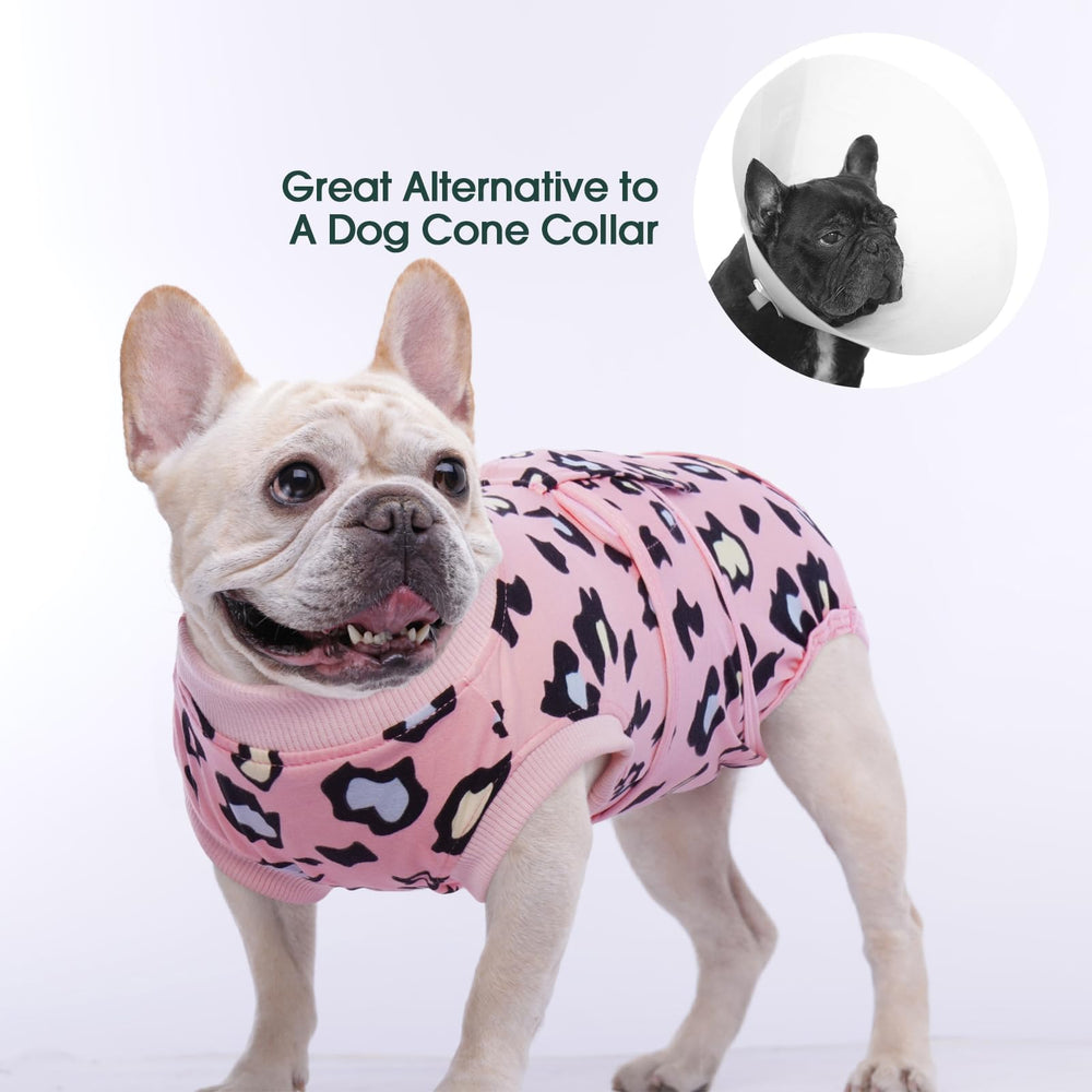 Kuoser dog recovery suit pink leopard full-body fit supports post-surgery comfort.