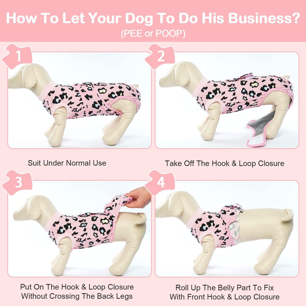 Kuoser pink leopard recovery suit on dog shows versatile use and wound protection.