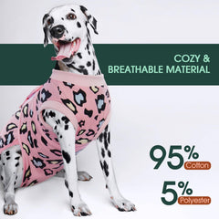 Kuoser pink leopard recovery suit side view features easy on-off hook and loop closures.