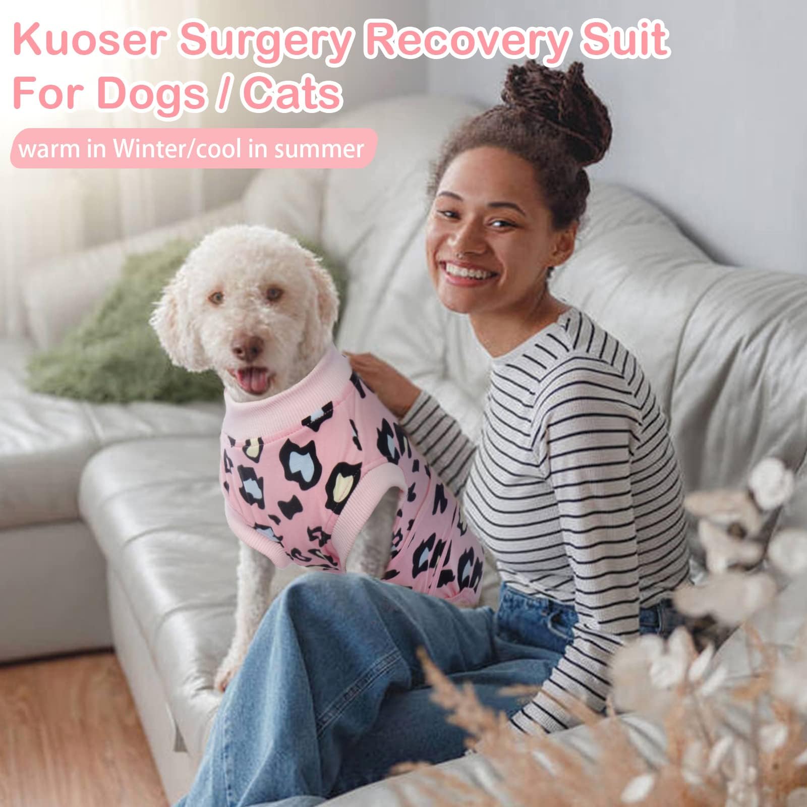 Kuoser recovery suit pink leopard stretchy fabric adapts to active indoor outdoor wear.