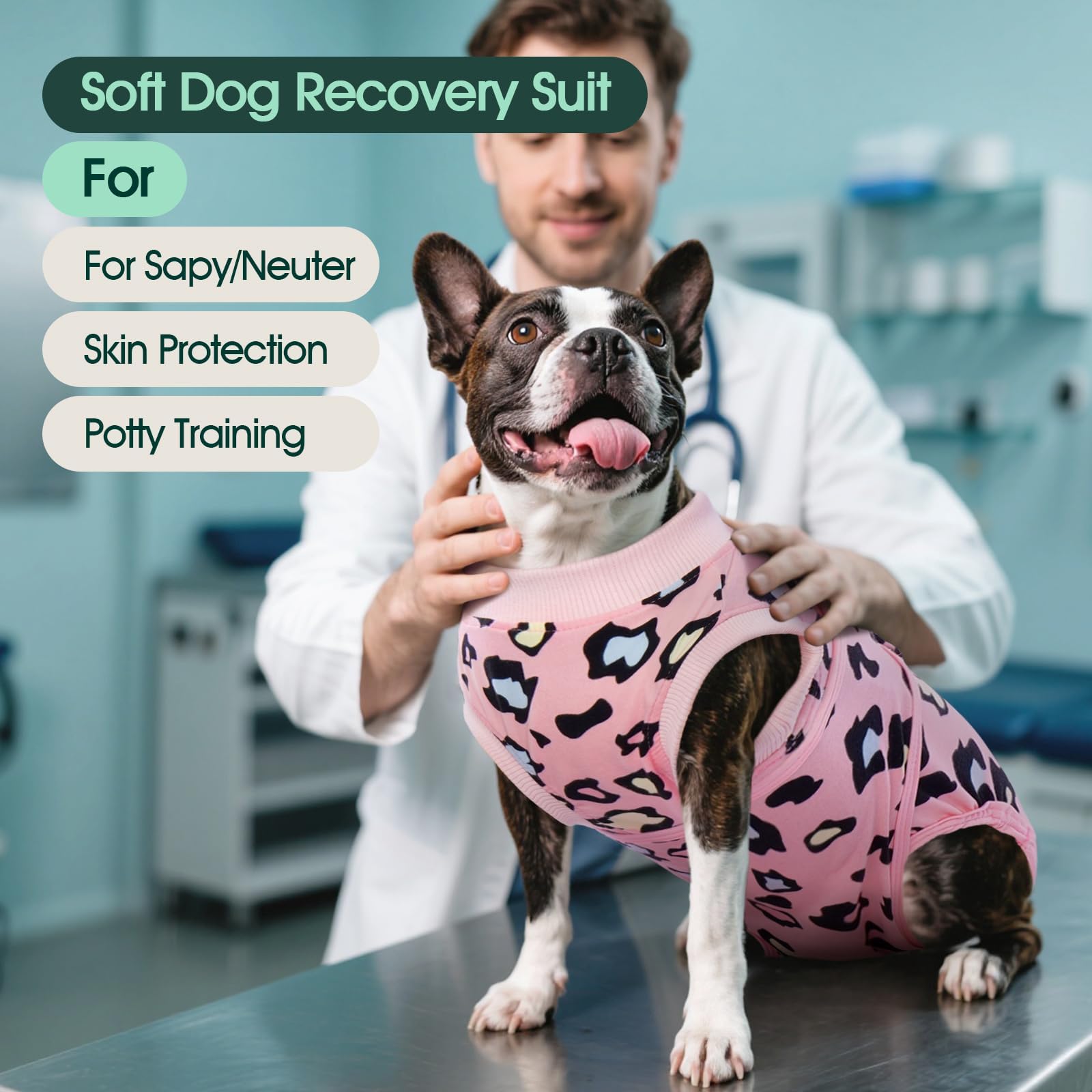 Kuoser pink leopard recovery suit worn by a dog demonstrates cone-free wound protection.