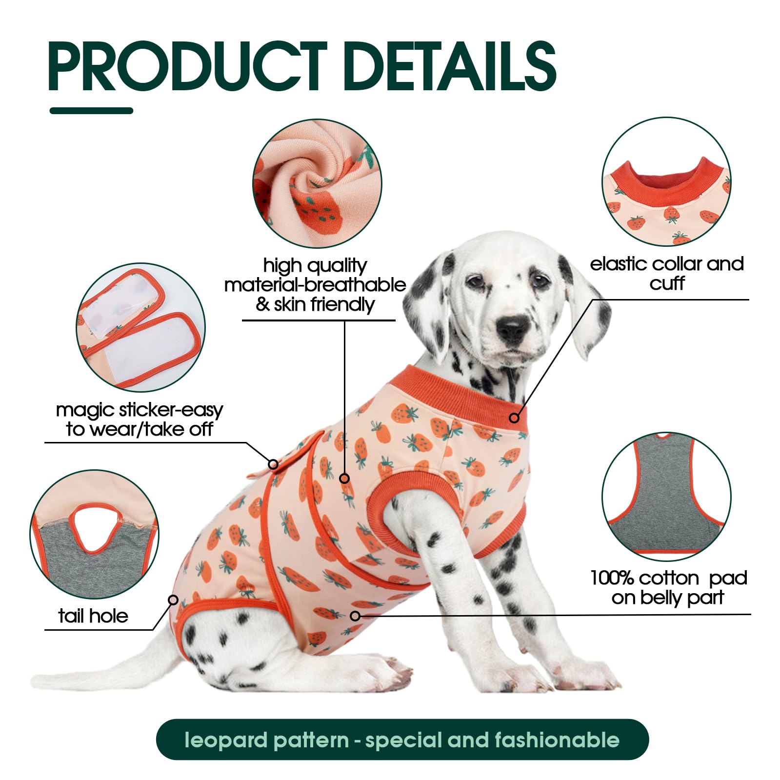 Kuoser dog recovery suit pink strawberry back-closure design for easy on/off