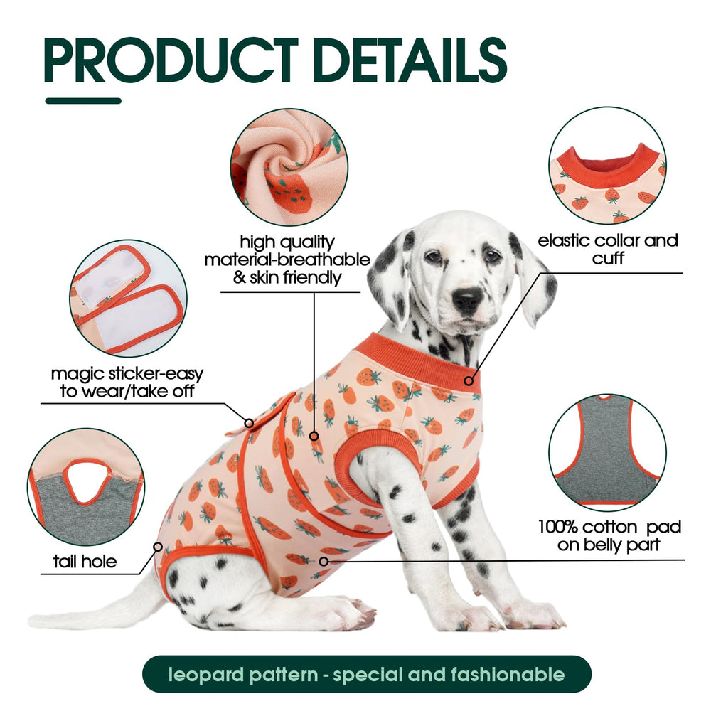 Kuoser dog recovery suit pink strawberry back-closure design for easy on/off